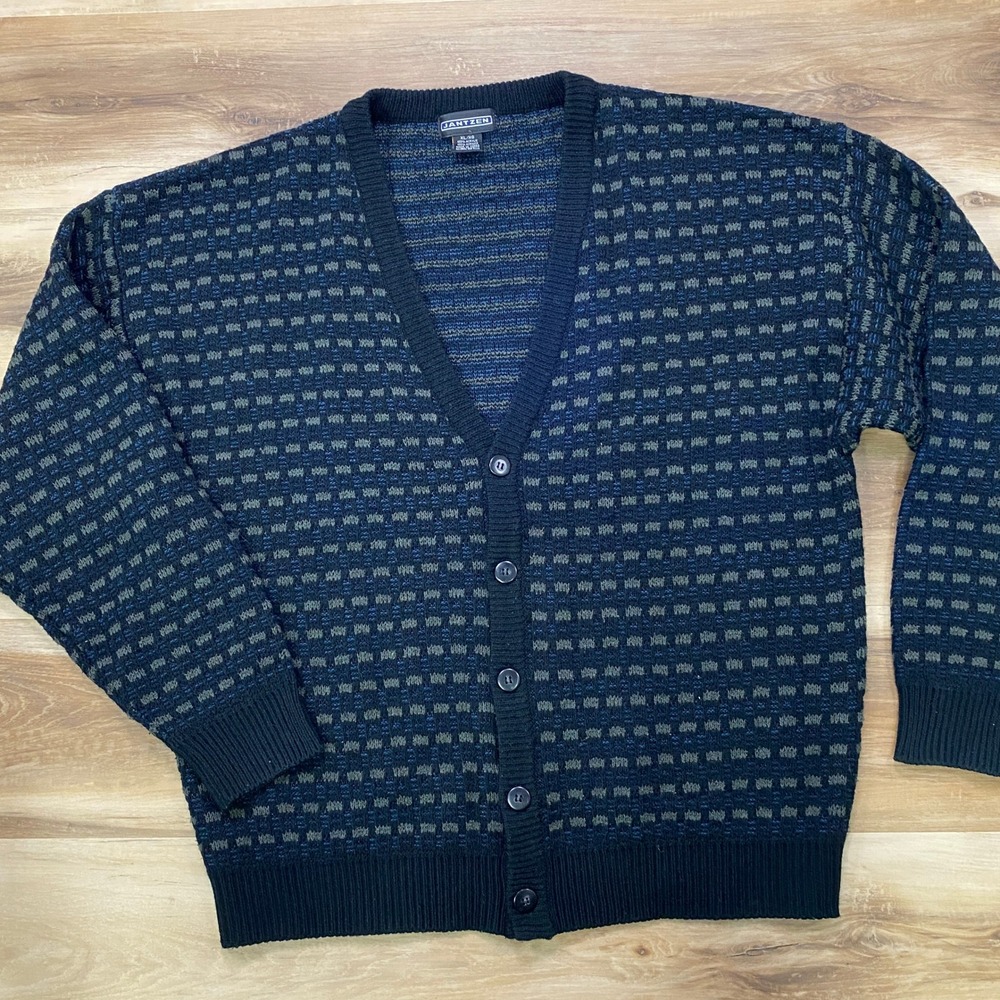 Jantzen Cardigan Sweater XL Vintage Geometric Knit Acrylic Blue Grey 90s